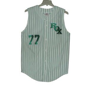 Jersey Rox 77 (L 42-44) TEAMWORK Kelly Green White Striped sleeveless v-neck vtg